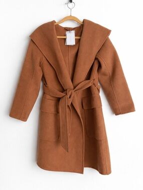 NWT Belle & Bloom Brown Wool Blend Hooded Robe Wrap Coat Tie Waist Size Small
